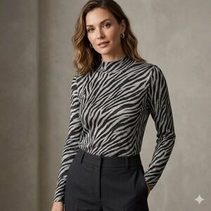 August Silk Women L Zebra Print Silver Metallic Knit Top Silk Blend Glam Party
